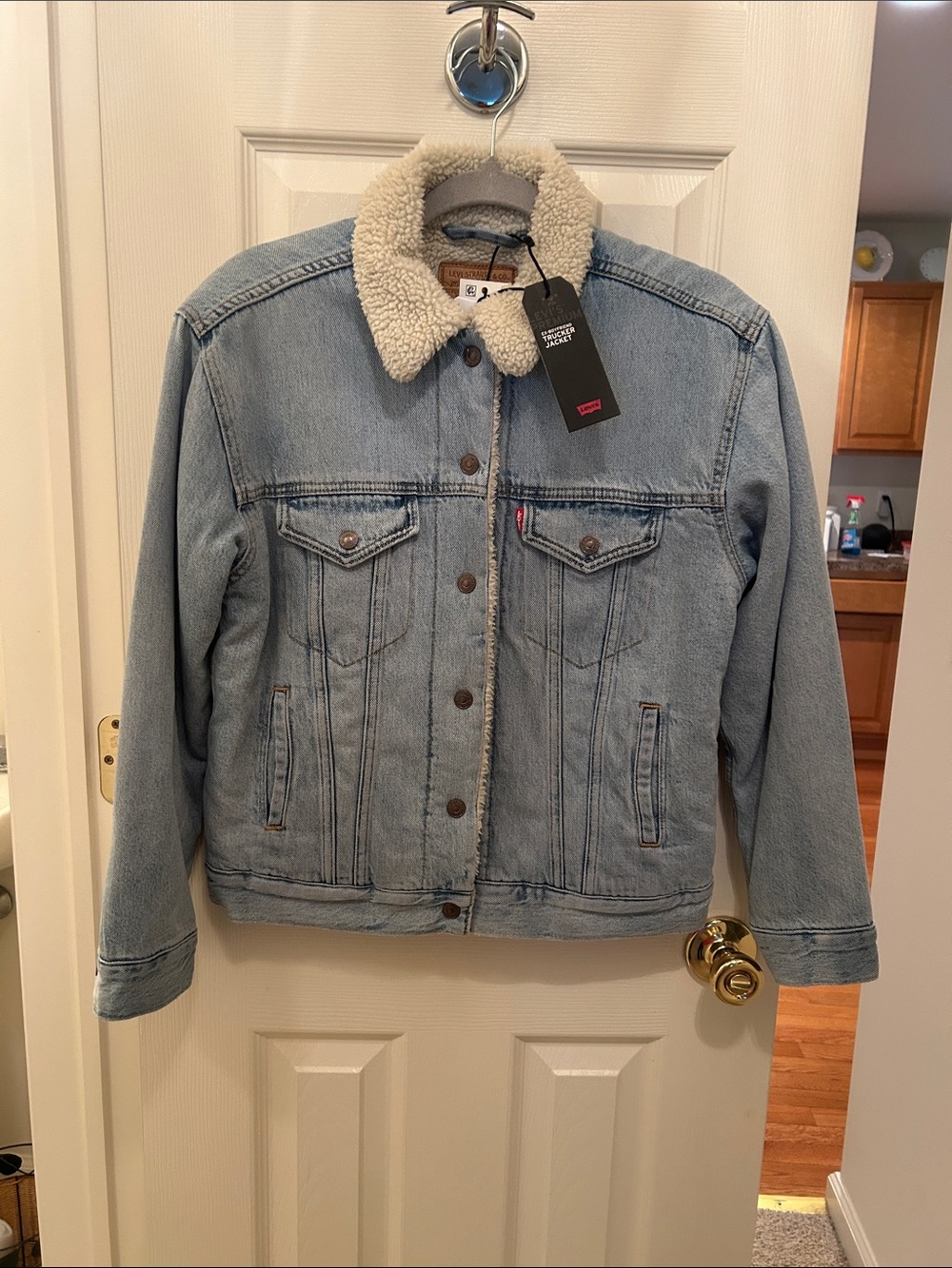 Levi's Light Blue Denim Ex-Boyfriend Trucker Jacket with Cream Sherpa Collar